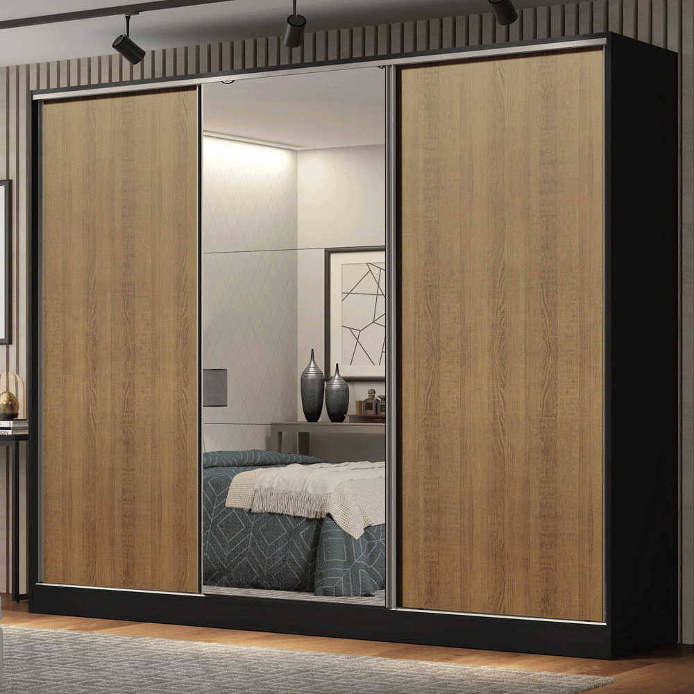 Guarda-Roupa Casal 100% MDF 3 Portas de Correr com Espelho Preto/Rustic Madesa Royale