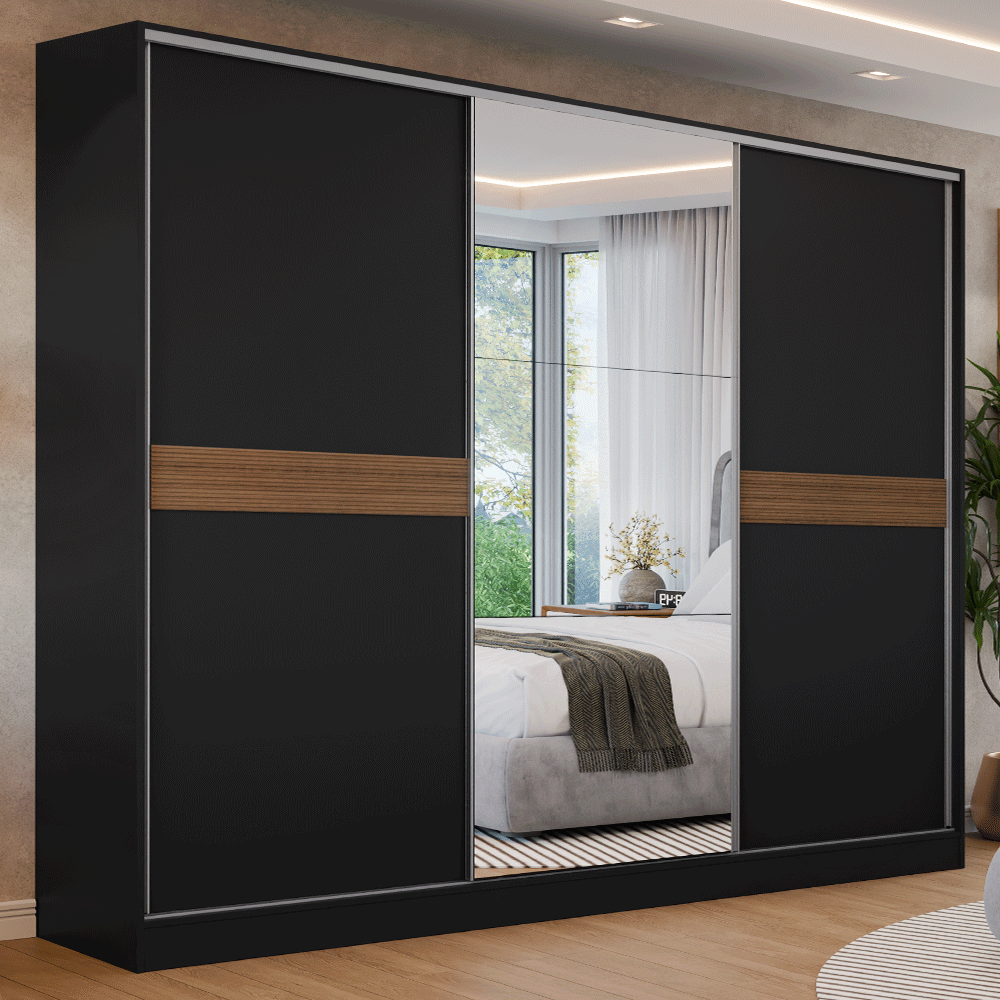 Guarda-Roupa Casal 100% MDF 3 Portas 1 Espelho Preto Malta Madesa