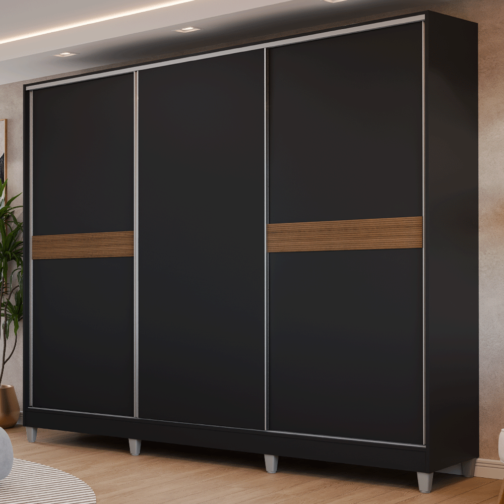 Guarda-Roupa Casal 100% MDF com Pés 3 Portas Preto Malta Madesa