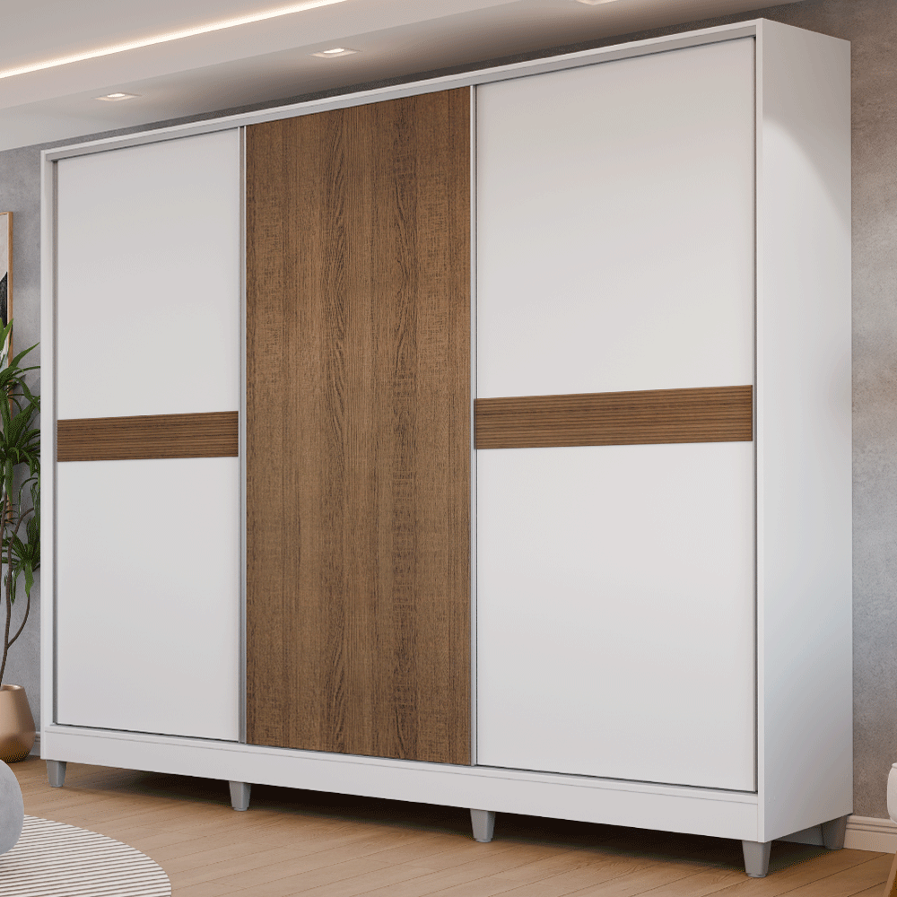 Guarda-Roupa Casal 100% MDF com Pés 3 Portas Branco/Rustic Malta Madesa