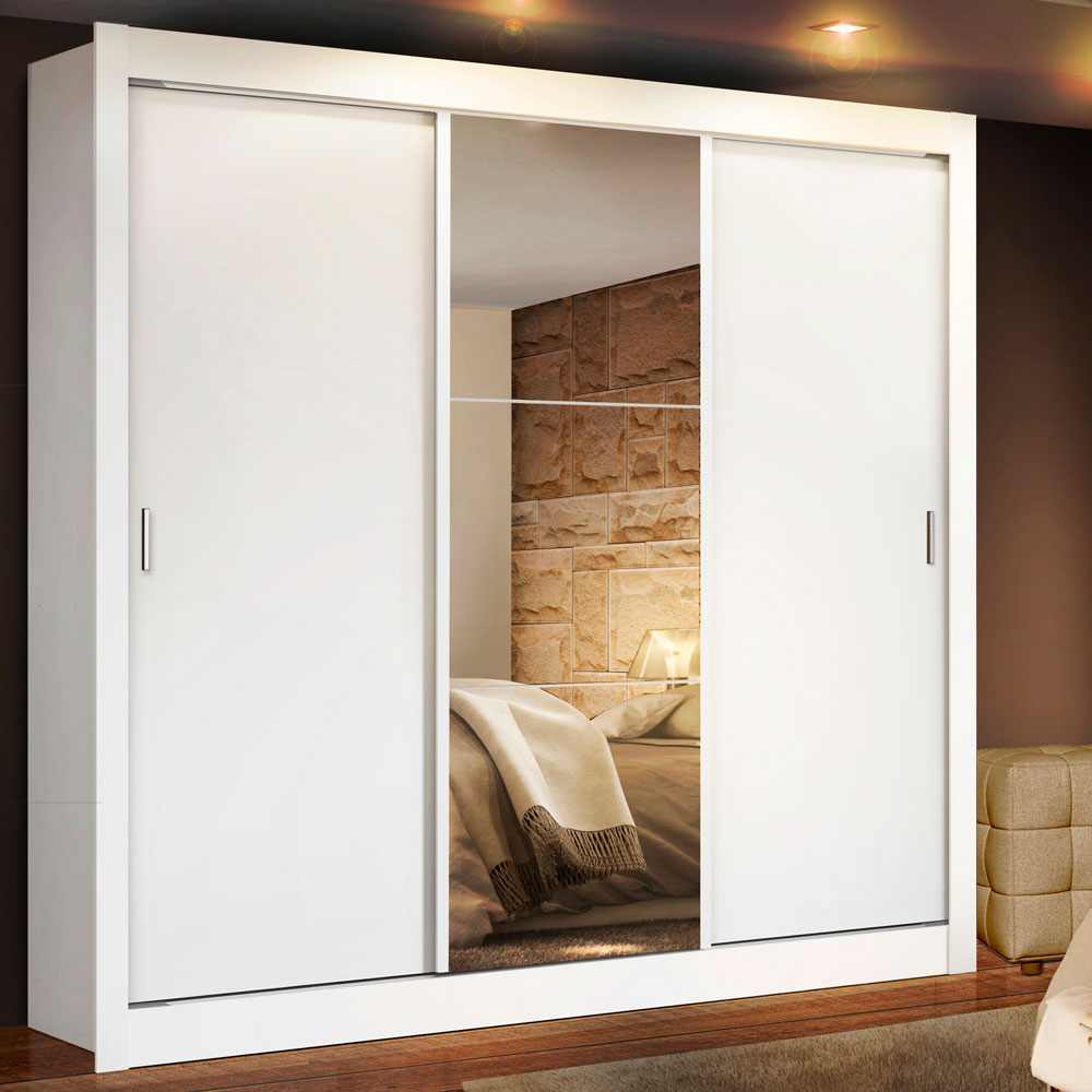 Guarda-Roupa Casal Madesa Lyon 3 Portas de Correr com Espelho 2 Gavetas Branco