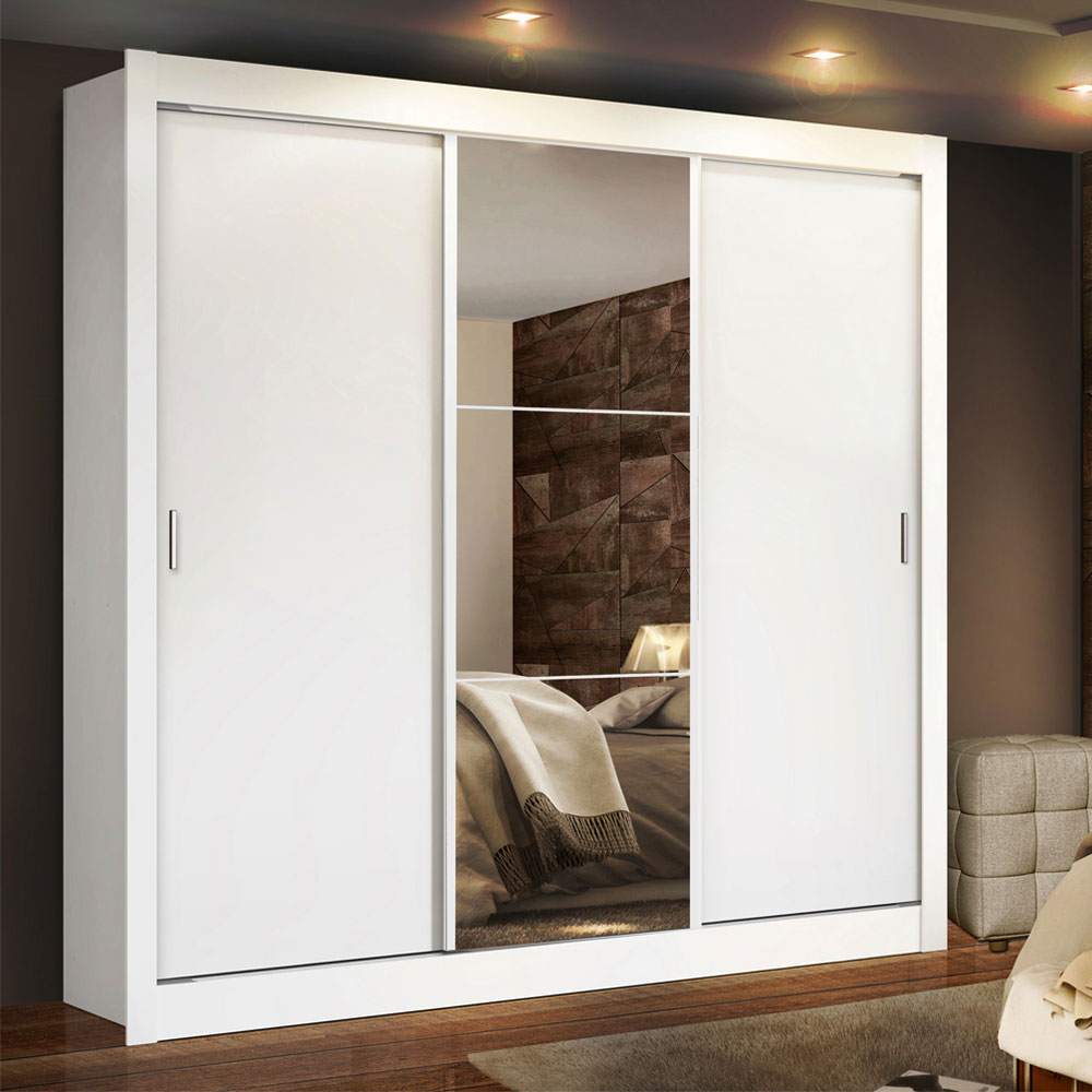 Guarda-Roupa Casal Madesa Lyon Plus 3 Portas de Correr com Espelho 4 Gavetas Branco