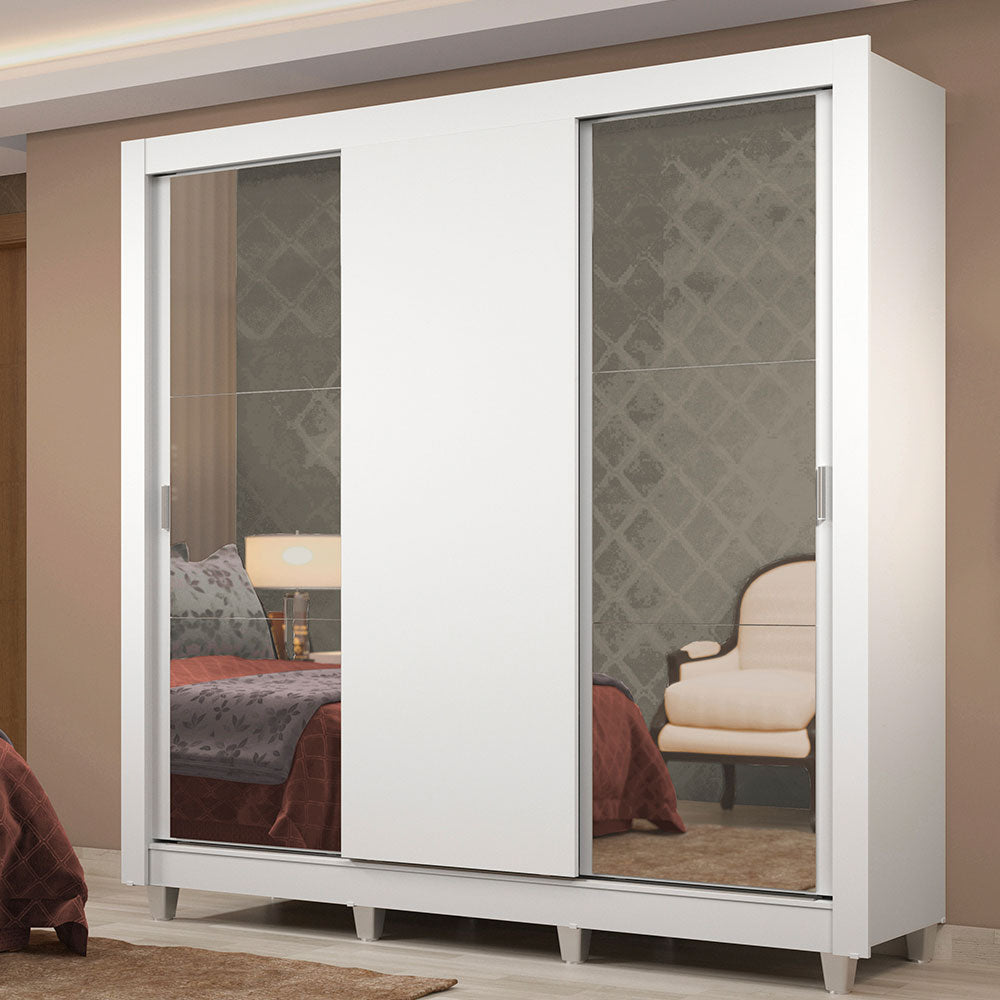 Guarda-Roupa Casal Madesa Lyon Plus 3 Portas de Correr com Espelhos 4 Gavetas com Pés Branco
