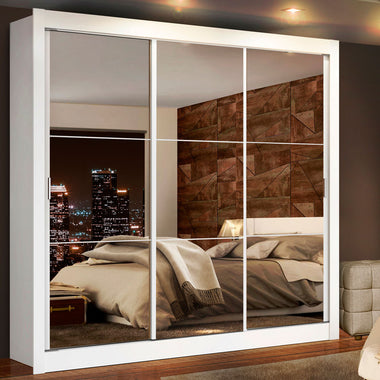 Guarda-Roupa Casal Madesa Lyon Plus 3 Portas de Correr de Espelho Branco