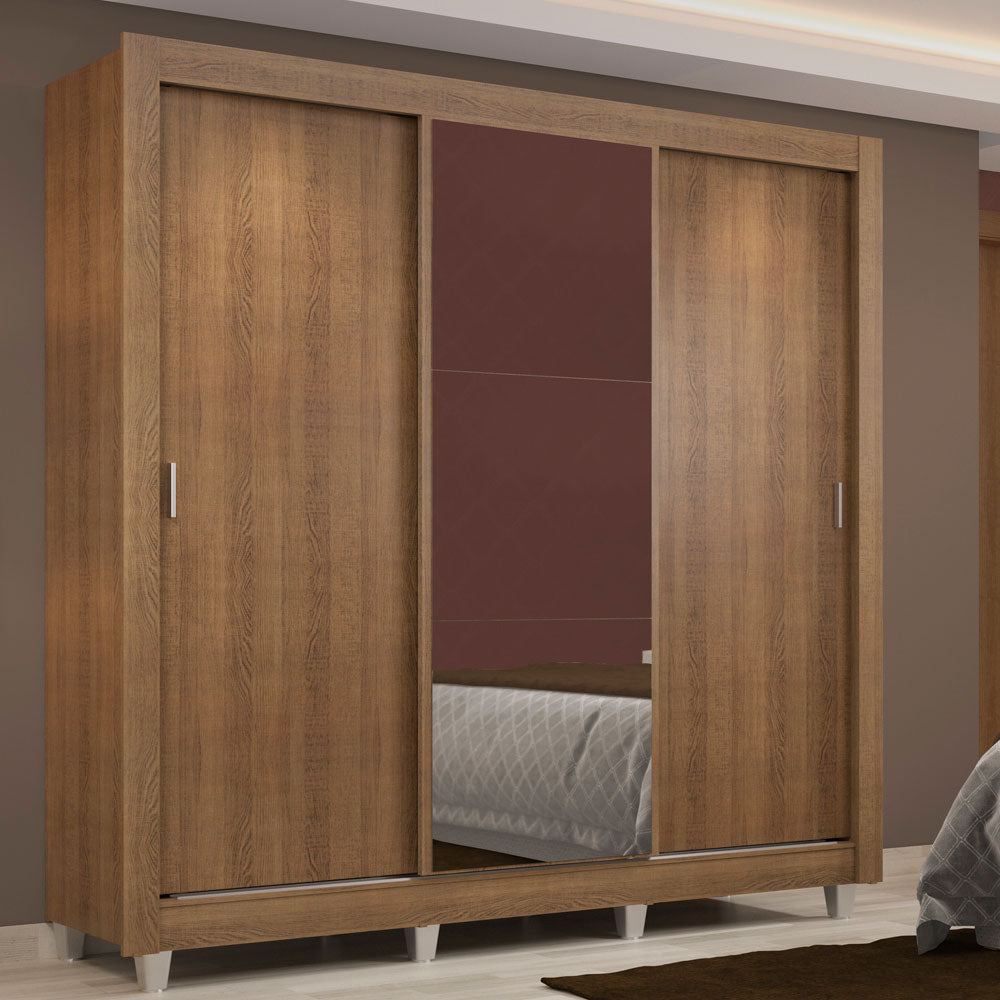 Guarda-Roupa Casal Madesa Lyon 3 Portas de Correr com Espelho 2 Gavetas com Pés Rustic