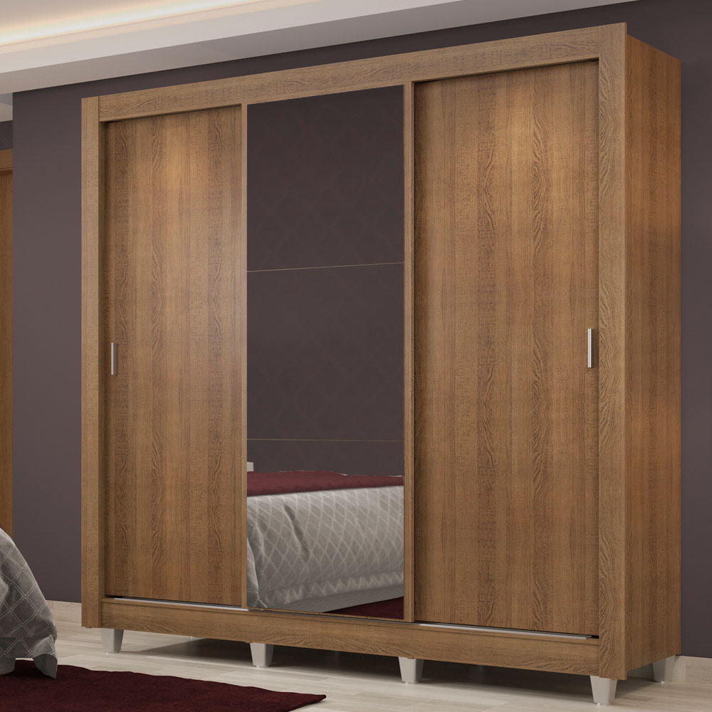 Guarda-Roupa Casal Madesa Lyon Plus 3 Portas de Correr com Espelho 4 Gavetas com Pés Rustic