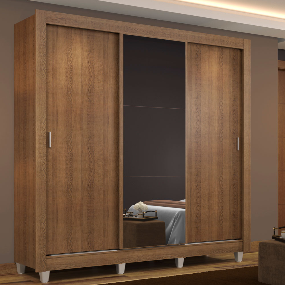 Guarda-Roupa Casal Madesa Mônaco 3 Portas de Correr com Espelho com Pés Rustic