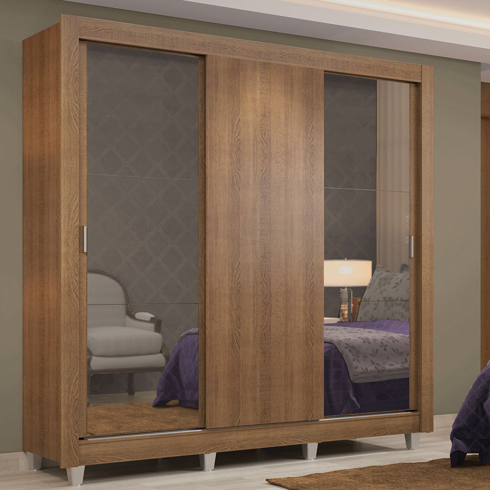 Guarda-Roupa Casal Madesa Lyon 3 Portas de Correr com Espelhos 2 Gavetas com Pés Rustic