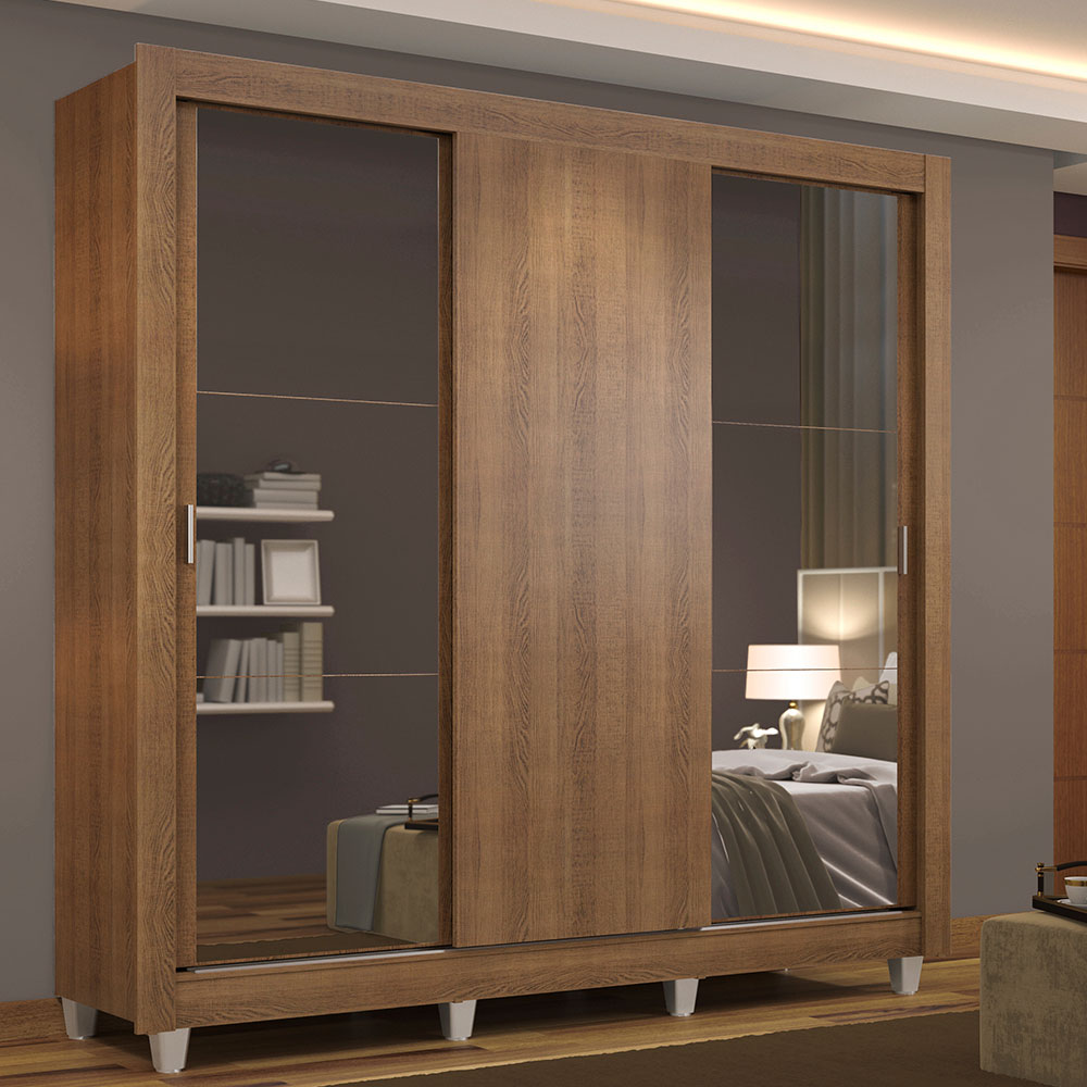 Guarda-Roupa Casal Madesa Mônaco 3 Portas de Correr com Espelhos com Pés Rustic