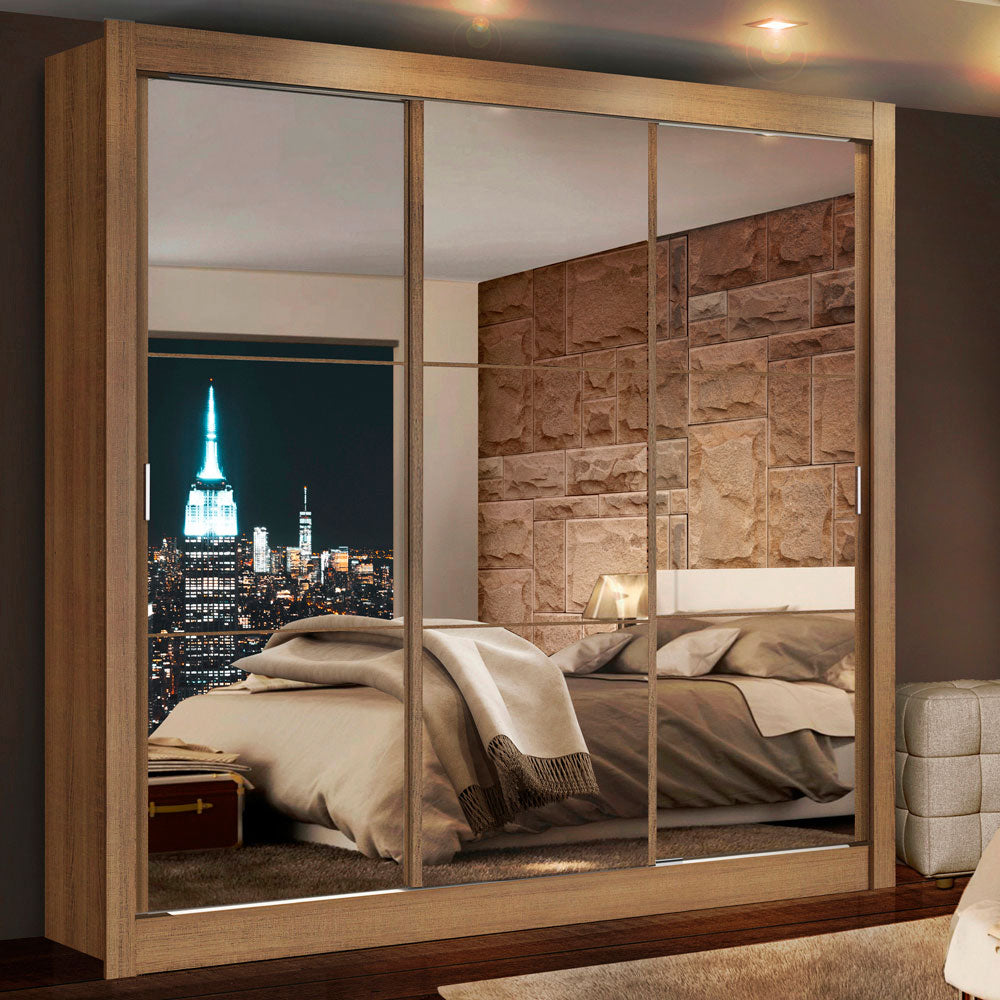 Guarda-Roupa Casal Madesa Lyon 3 Portas de Correr de Espelho 2 Gavetas Rustic