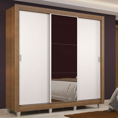 Guarda-Roupa Casal Madesa Lyon 3 Portas de Correr com Espelho 2 Gavetas com Pés Rustic/Branco