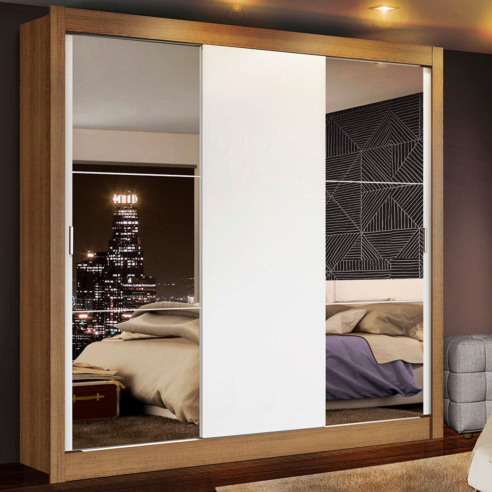 Guarda-Roupa Casal Madesa Mônaco 3 Portas de Correr com Espelhos Rustic/Branco
