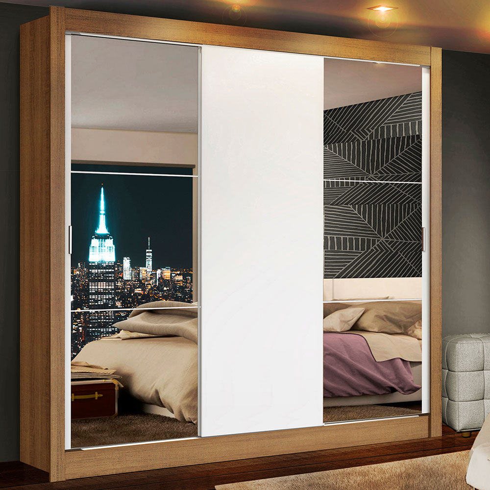 Guarda-Roupa Casal Madesa Lyon 3 Portas de Correr com Espelhos 2 Gavetas Rustic/Branco