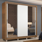 Guarda-Roupa Casal Madesa Lyon 3 Portas de Correr com Espelhos 2 Gavetas com Pés Rustic/Branco