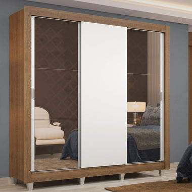 Guarda-Roupa Casal Madesa Lyon 3 Portas de Correr com Espelhos 2 Gavetas com Pés Rustic/Branco