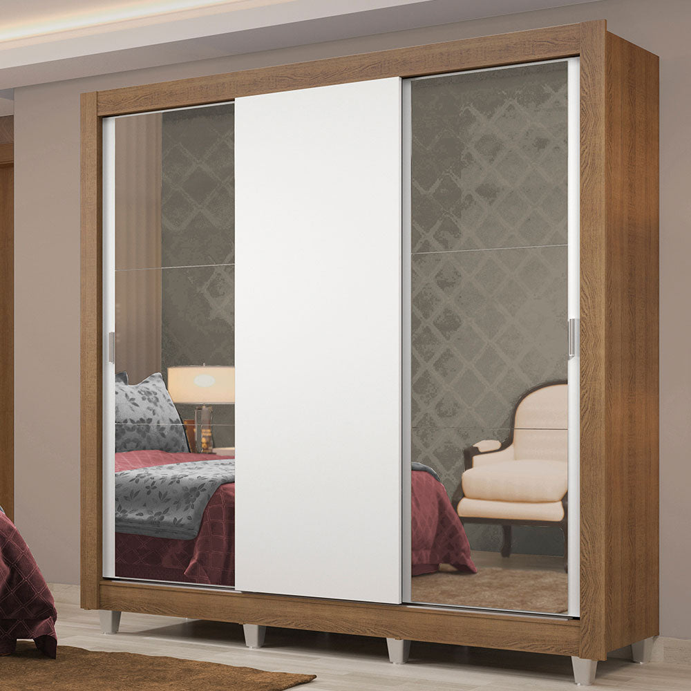 Guarda-Roupa Casal Madesa Lyon Plus 3 Portas de Correr com Espelhos 4 Gavetas com Pés Rustic/Branco