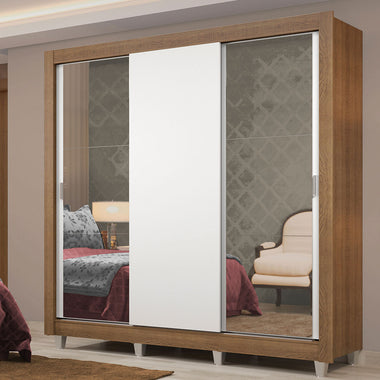 Guarda-Roupa Casal Madesa Lyon Plus 3 Portas de Correr com Espelhos 4 Gavetas com Pés Rustic/Branco