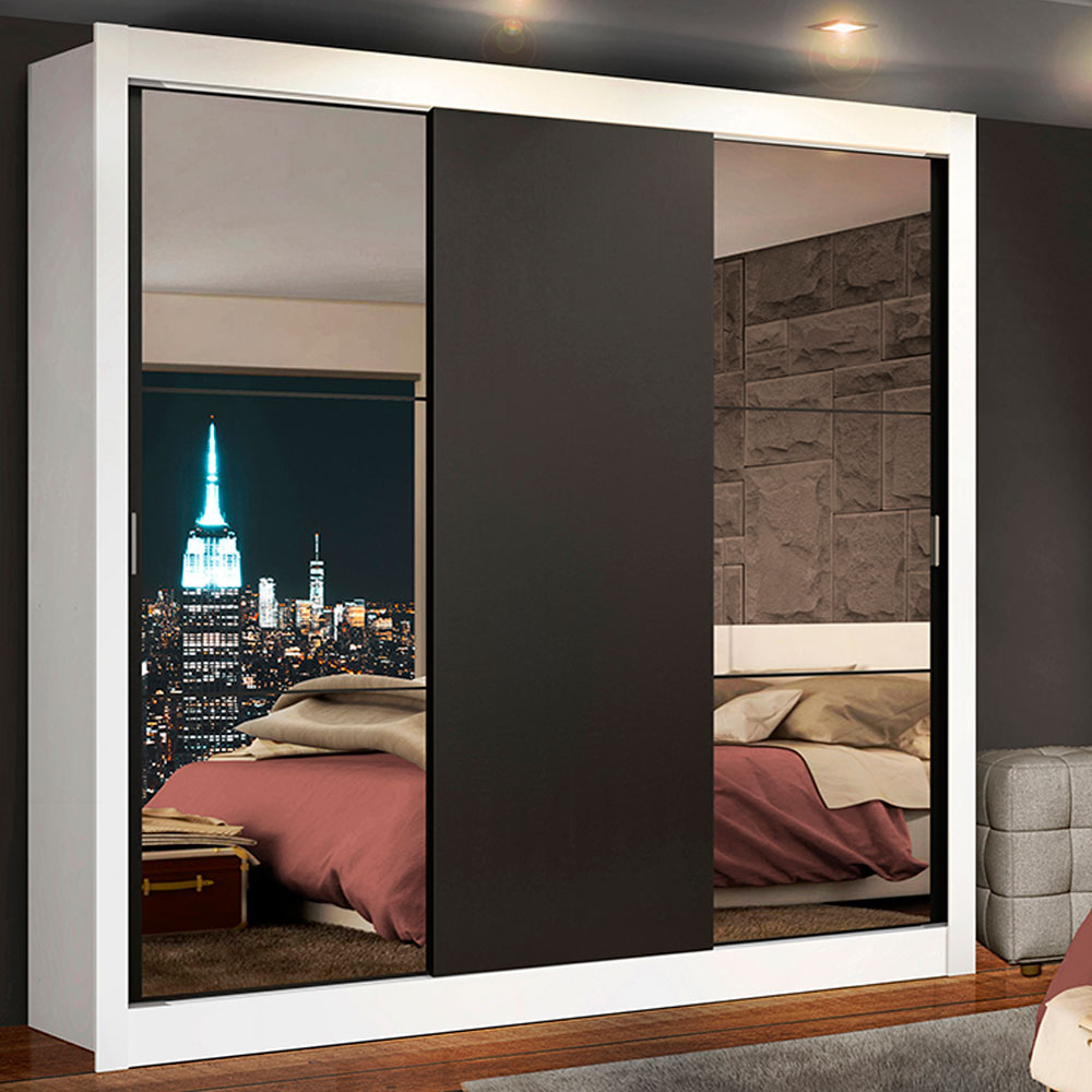 Guarda-Roupa Casal Madesa Lyon 3 Portas de Correr com Espelhos 2 Gavetas Branco/Preto