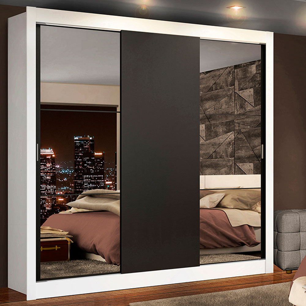 Guarda-Roupa Casal Madesa Lyon Plus 3 Portas de Correr com Espelhos 4 Gavetas Branco/Preto