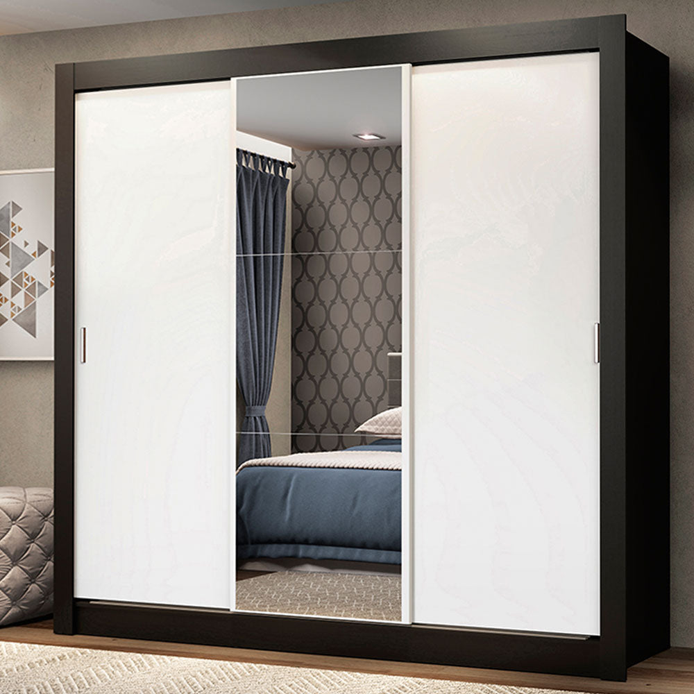 Guarda-Roupa Casal Madesa Mônaco 3 Portas de Correr com Espelho Preto/Branco