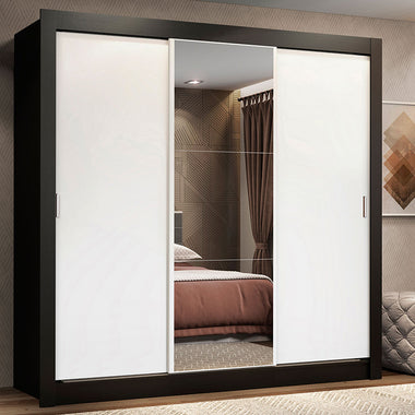 Guarda-Roupa Casal Madesa Lyon 3 Portas de Correr com Espelho 2 Gavetas Preto/Branco