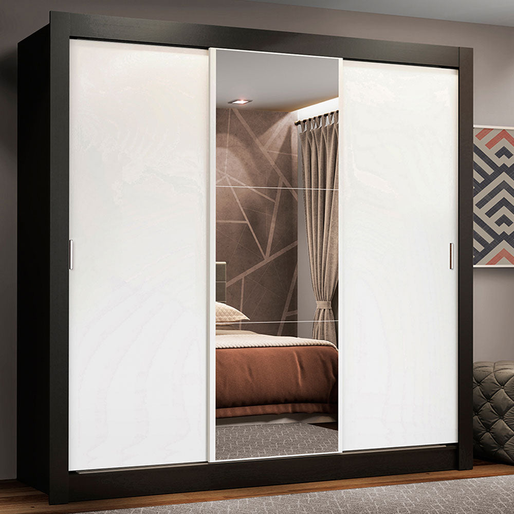 Guarda-Roupa Casal Madesa Lyon Plus 3 Portas de Correr com Espelho 4 Gavetas Preto/Branco