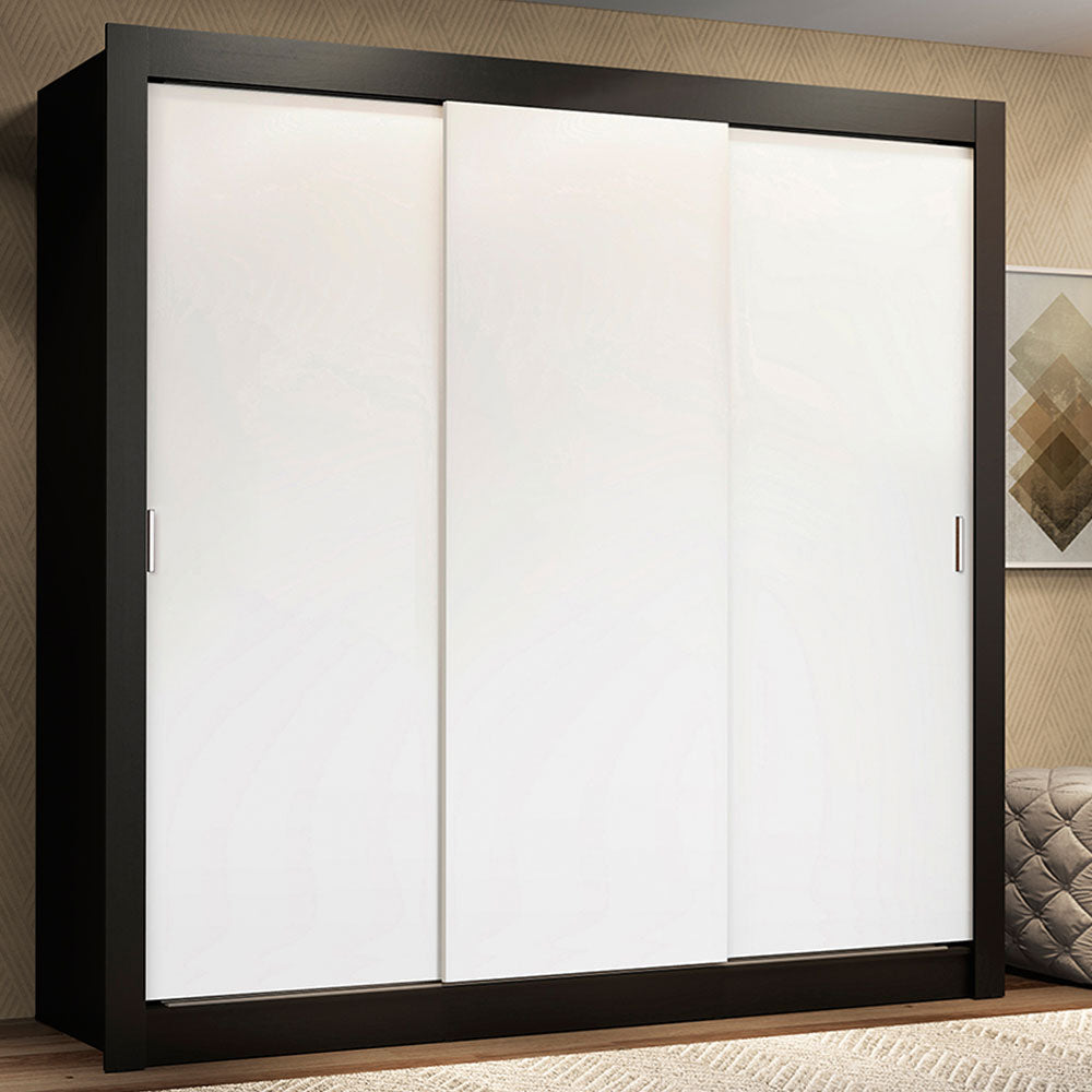 Guarda-Roupa Casal Madesa Lyon 3 Portas de Correr 2 Gavetas Preto/Branco