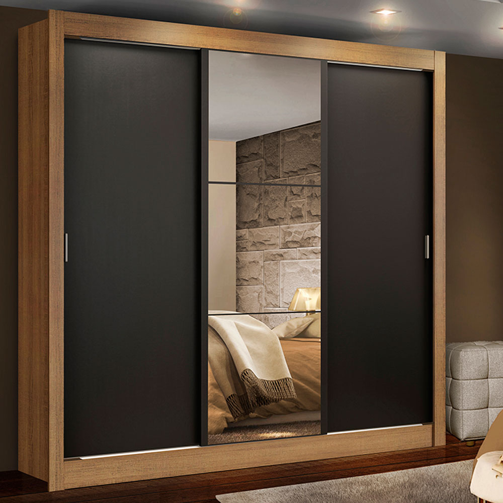 Guarda-Roupa Casal Madesa Lyon 3 Portas de Correr com Espelho 2 Gavetas Rustic/Preto