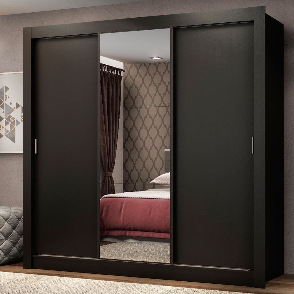 Guarda-Roupa Casal Madesa Mônaco 3 Portas de Correr com Espelho Preto