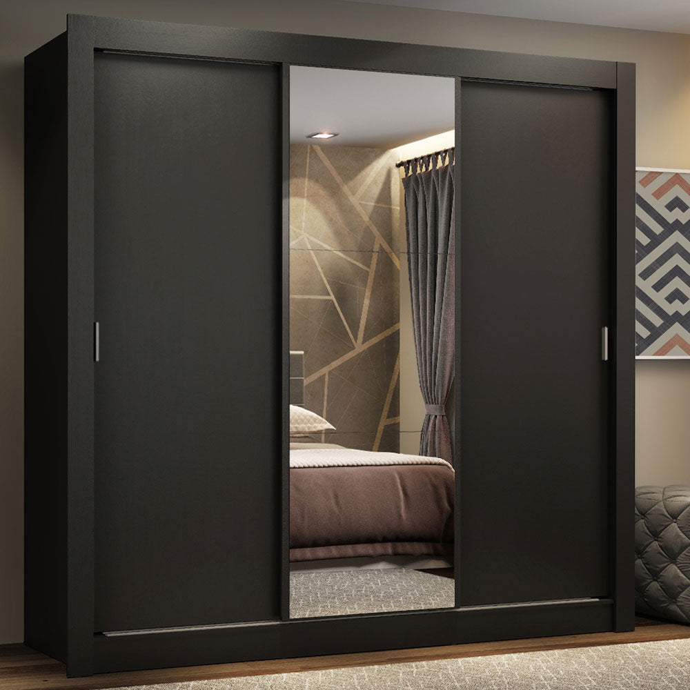 Guarda-Roupa Casal Madesa Lyon Plus 3 Portas de Correr com Espelho 4 Gavetas Preto