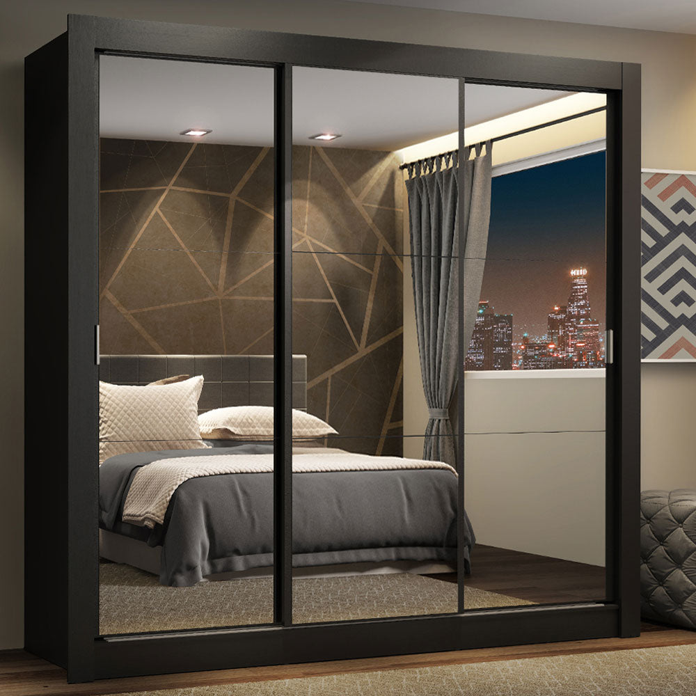 Guarda-Roupa Casal Madesa Lyon Plus 3 Portas de Correr de Espelho 4 Gavetas Preto