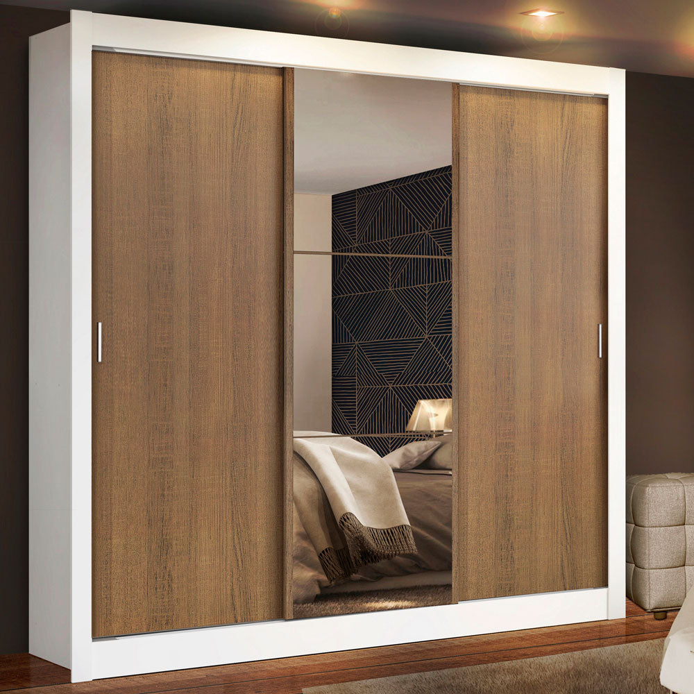 Guarda-Roupa Casal 3 Portas de Correr com Espelho Branco/Rustic Madesa Mônaco