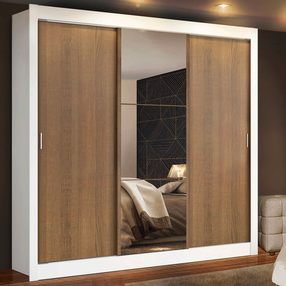 Guarda-Roupa Casal 3 Portas de Correr com Espelho Branco/Rustic Madesa Mônaco