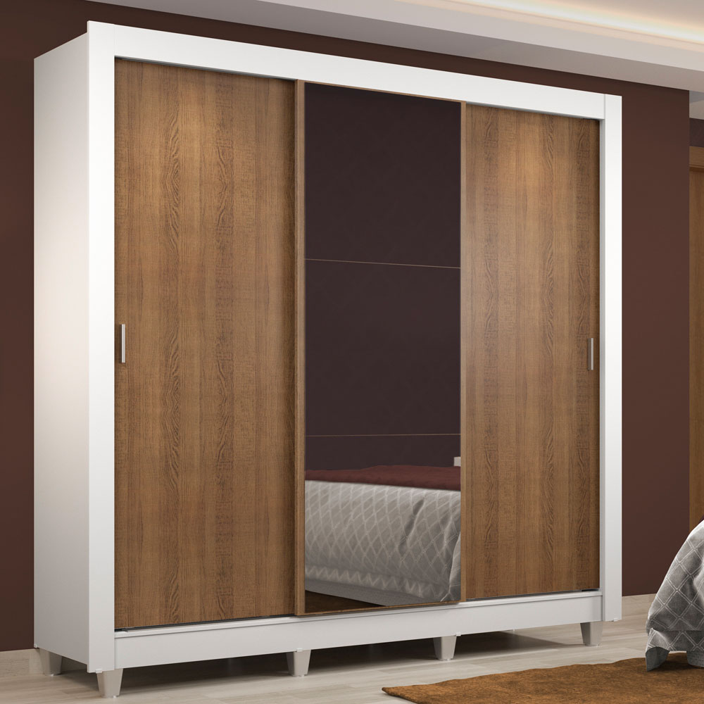 Guarda-Roupa Casal Madesa Lyon 3 Portas de Correr com Espelho 2 Gavetas com Pés Branco/Rustic