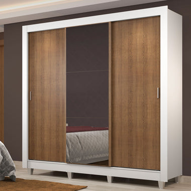 Guarda-Roupa Casal Madesa Lyon Plus 3 Portas de Correr com Espelho 4 Gavetas com Pés Branco/Rustic