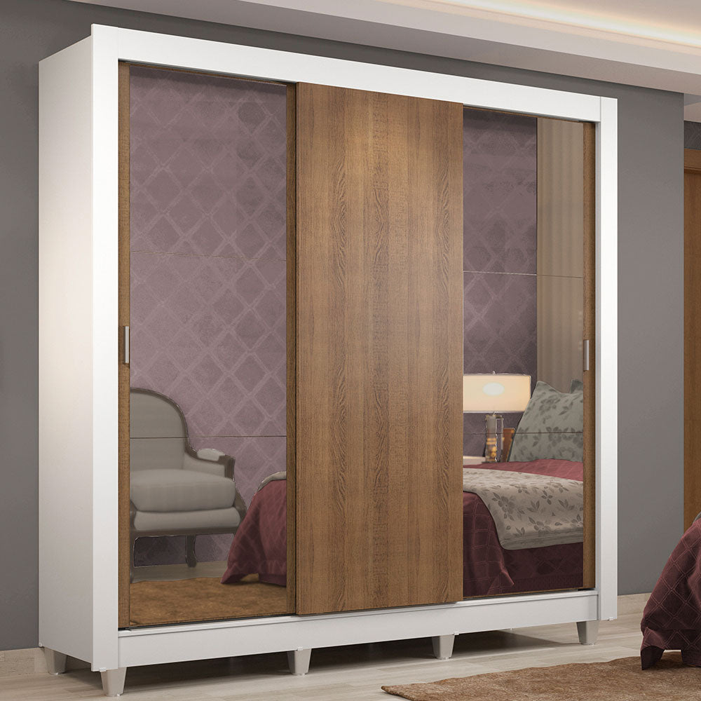 Guarda-Roupa Casal Madesa Lyon 3 Portas de Correr com Espelhos 2 Gavetas com Pés Branco/Rustic