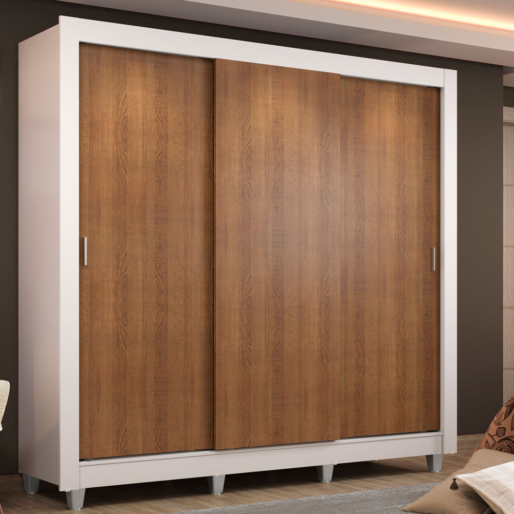 Guarda-Roupa Casal Madesa Lyon 3 Portas de Correr 2 Gavetas com Pés Branco/Rustic