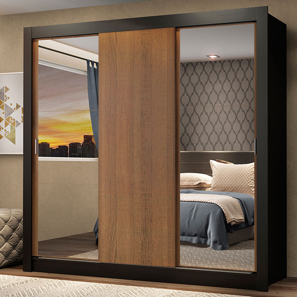 Guarda-Roupa Casal Madesa Mônaco 3 Portas de Correr com Espelhos Preto/Rustic
