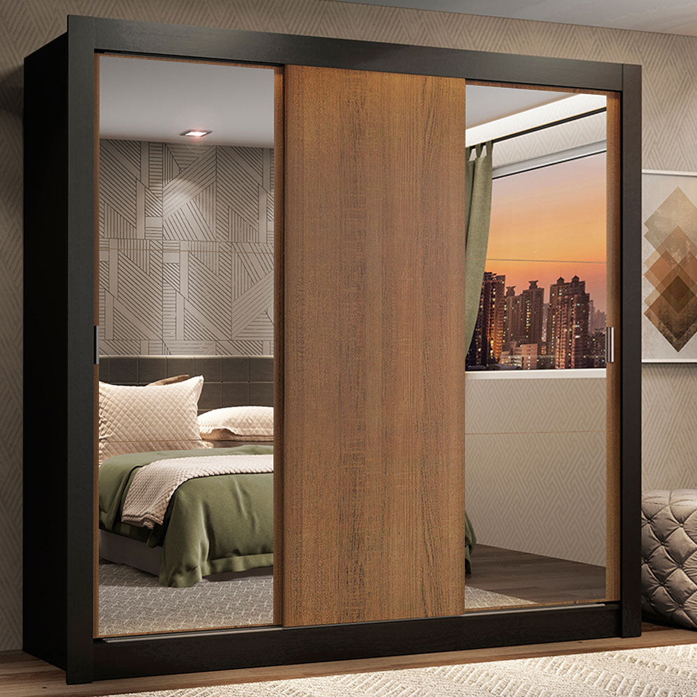 Guarda-Roupa Casal Madesa Lyon 3 Portas de Correr com Espelhos 2 Gavetas Preto/Rustic