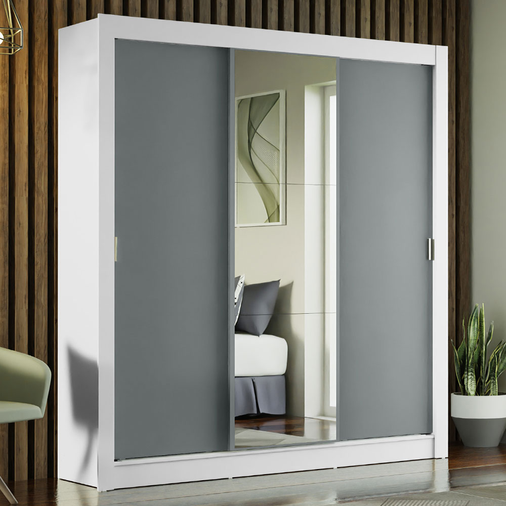 Guarda-Roupa Casal Madesa Mônaco 3 Portas de Correr com Espelho Branco/Cinza