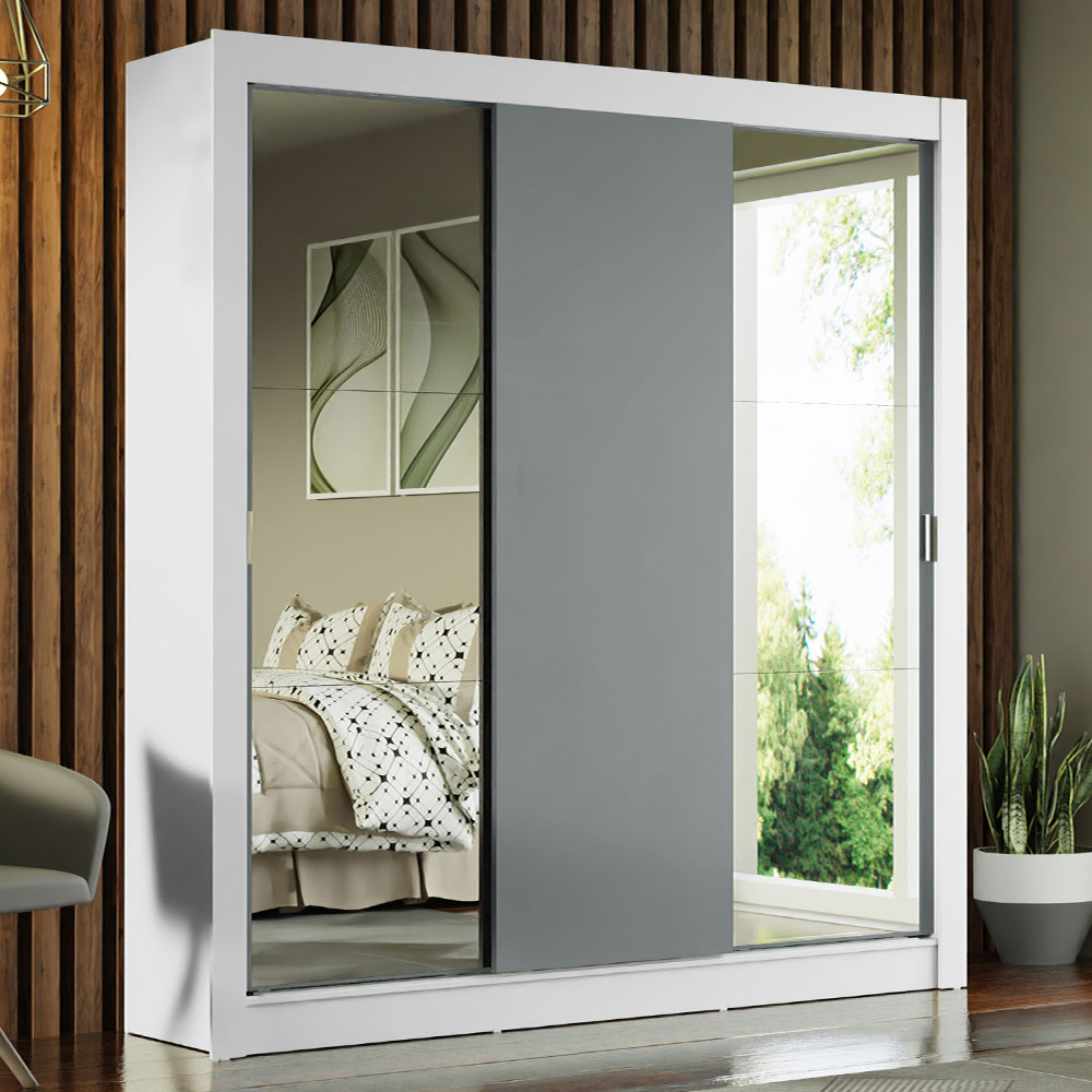 Guarda-Roupa Casal Madesa Mônaco 3 Portas de Correr com Espelhos Branco/Cinza