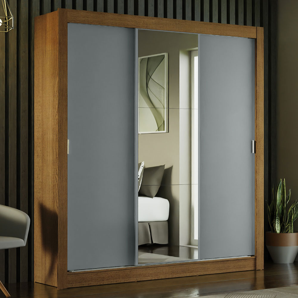 Guarda-Roupa Casal Madesa Mônaco 3 Portas de Correr com Espelho Rustic/Cinza