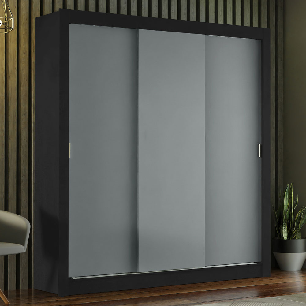 Guarda-Roupa Casal Madesa Mônaco 3 Portas de Correr Preto/Cinza