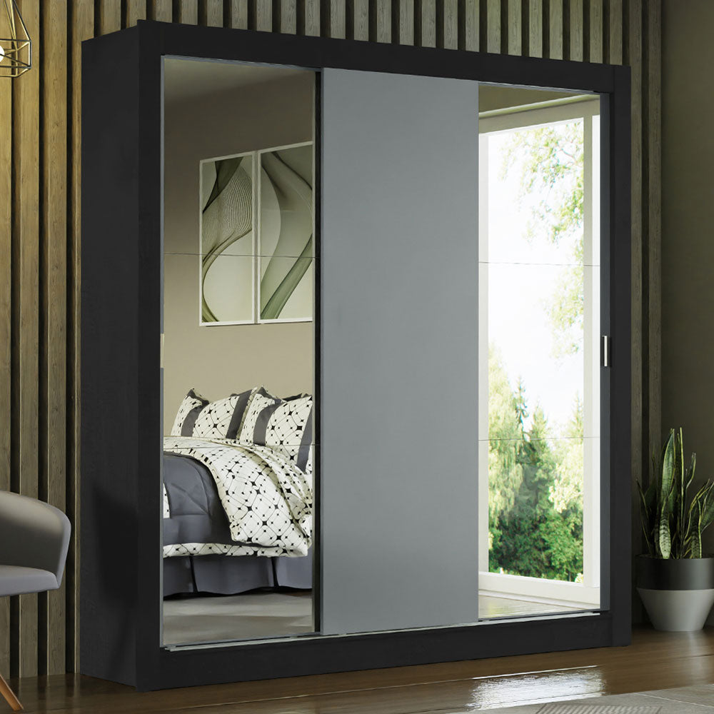 Guarda-Roupa Casal Madesa Mônaco 3 Portas de Correr com Espelhos Preto/Cinza