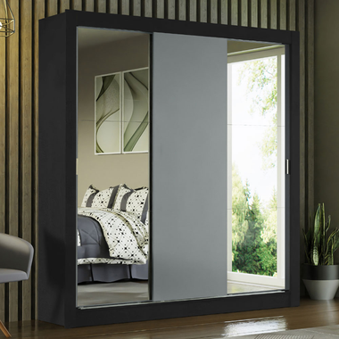 Guarda-Roupa Casal Madesa Mônaco 3 Portas de Correr com Espelhos Preto/Cinza