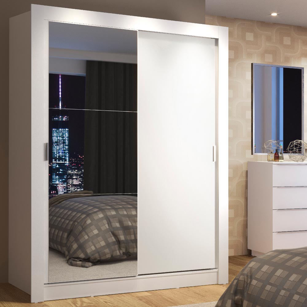 Guarda-Roupa Solteiro Madesa Denver 2 Portas de Correr com Espelho Branco