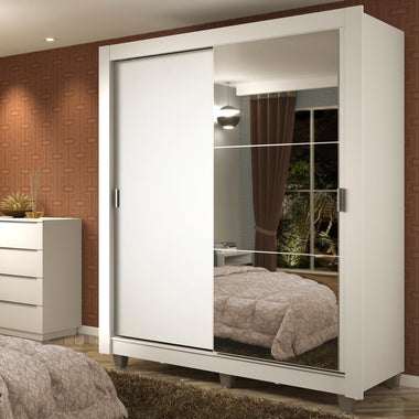 Guarda-Roupa Solteiro Madesa Dallas Plus 2 Portas de Correr com Espelho 4 Gavetas com Pés Branco