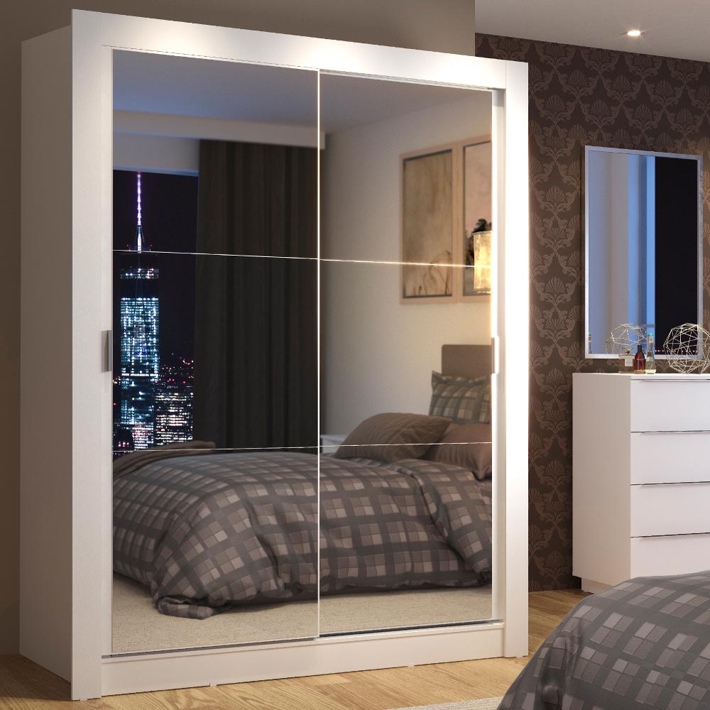 Guarda-Roupa Solteiro Madesa Denver 2 Portas de Correr de Espelho Branco