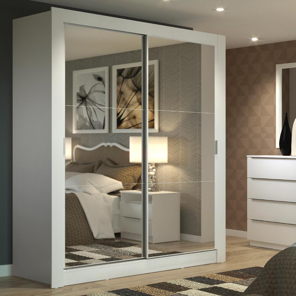 Guarda-Roupa Solteiro Madesa Dallas 2 Portas de Correr de Espelho 2 Gavetas Branco