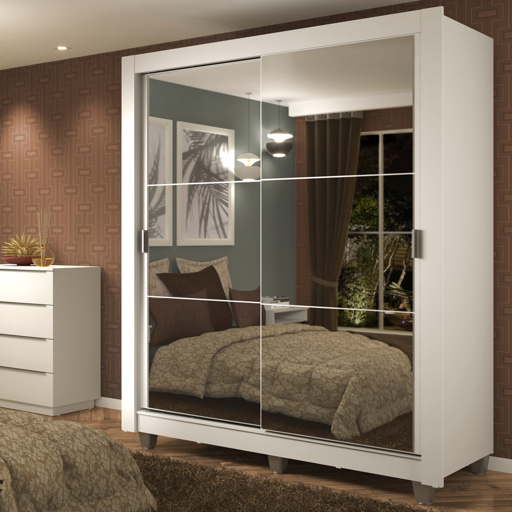 Guarda-Roupa Solteiro Madesa Dallas Plus 2 Portas de Correr de Espelho 4 Gavetas com Pés Branco